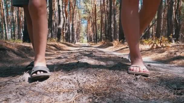 Beine einer jungen Mutter und ihres Sohnes, die im Sommer auf einem Waldweg spazieren gehen. Zeitlupe — Stockvideo