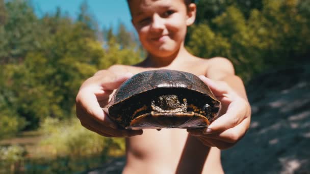 Jongen houdt schildpad in armen en glimlacht op de achtergrond van de rivier met groene vegetatie — Stockvideo