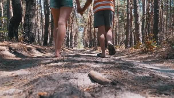 Молодая мать и сын держатся за руки, идя по тропе в лесу. Slow Motion — стоковое видео