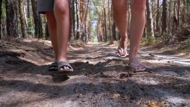 Legs of Young Mother and Son Walking Along Path in Forest in Summer (en inglés). Moción lenta — Vídeo de stock