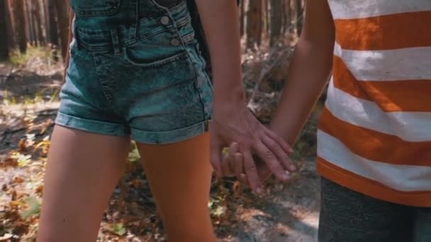 Mladá matka a syn se drží za ruce kráčející po stezce v lese. Pomalý pohyb — Stock video