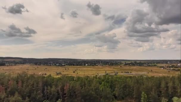 Drone aéreo hiperlapso Vista sobre el bosque verde con nubes en movimiento en el cielo azul — Vídeo de stock