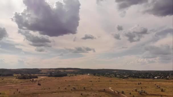Гіперлапс Повітряний дрон Вид над зеленим лісом з рухомими хмарами в синьому небі — стокове відео