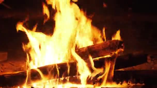 Lagerfeuer brennt nachts in Zeitlupe. Lagerfeuer in der Natur. — Stockvideo