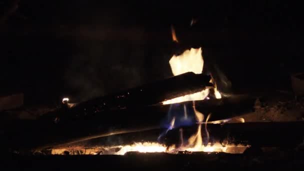 Falò che brucia di notte al rallentatore. Fiamme di fuoco in mezzo alla natura. — Video Stock