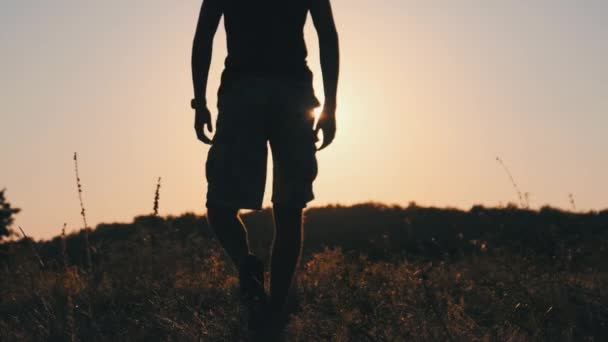 Silhouette del giovane che cammina sul campo verso il tramonto e alza le mani — Video Stock