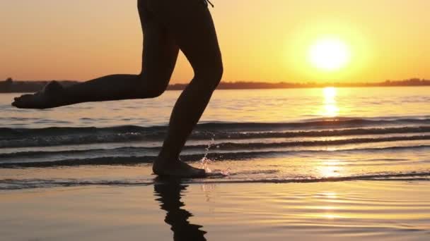 女性はビーチ沿いのゴールデンサンセットで浅い水で走ります。スローモーション240fps — ストック動画
