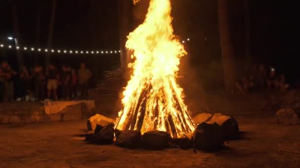 Lidé kolem velkého táboráku na noční párty. Pomalý pohyb. Velké požární pozadí — Stock video