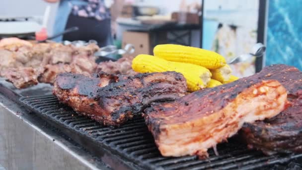 A carne é grelhada no Street Food Festival. Grandes pedaços de carne de porco assada no churrasco — Vídeo de Stock
