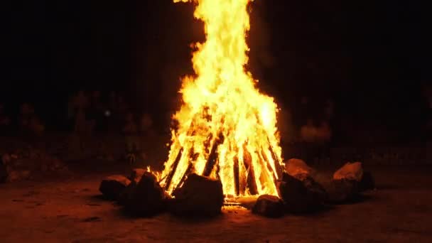 Menschen um ein großes Lagerfeuer bei einer Nachtparty. Zeitlupe. Hintergrund des Großbrandes — Stockvideo