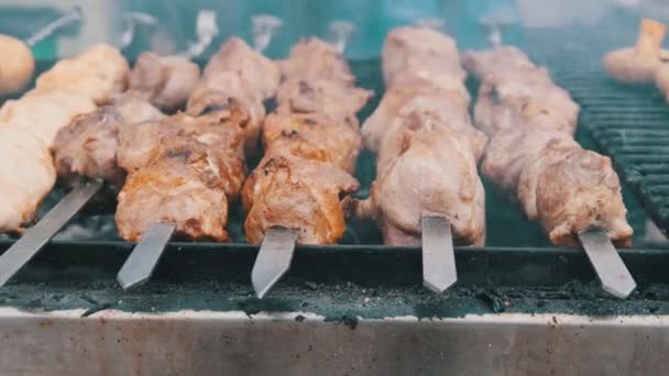 거리의 음식 축제 에서 바르 베 큐 에서 요리 한 스 커 밥 과 머쉬룸 — 비디오