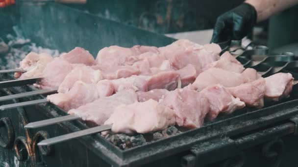 Raw Meat on Skewers is Cooking on Grill at Street Food Festival. Slow Motion — стоковое видео