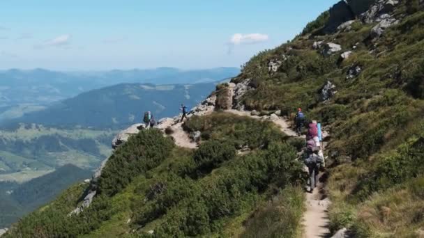 Группа туристов и детей с рюкзаками спускаются по каменной тропе в горах — стоковое видео