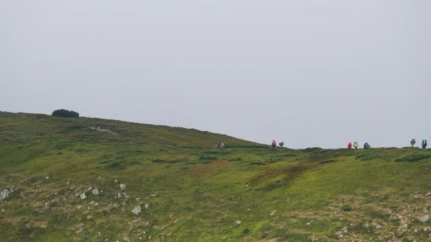 Eine Gruppe von Touristen mit Wanderrucksäcken besteigt die Bergkette. Blick in die Ferne — Stockvideo