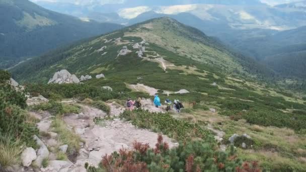 ハイキングバックパックを持つ観光客のグループは、山脈を下ります。バックビュー — ストック動画
