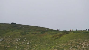 Yürüyüş sırt çantalı bir grup turist dağ sırasına tırmanıyor. Uzaktan Görünüm