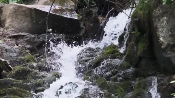 Wild Mountain Waterfall. Snabbt sjunkande vatten träffar stenarna. Slow Motion 240 — Stockvideo