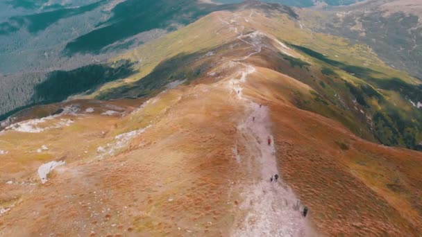 Luchtfoto Groep reizigers met wandelrugzakken Klimmen langs de bergketen — Stockvideo