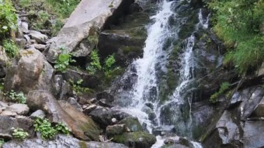 Wild Mountain Şelalesi. Hızlı Düşen Su Taşlara Vuruyor. Yavaş Hareket