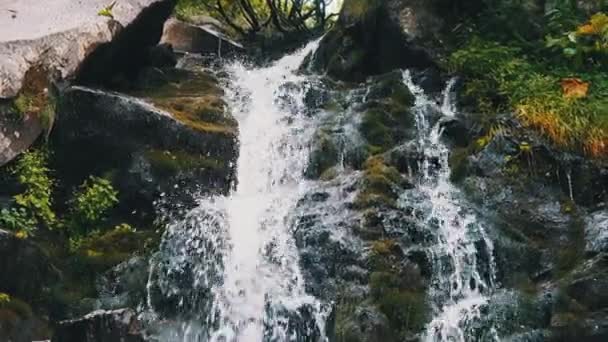 Водоспад дикої гори. Швидка падаюча вода падає на камені. Повільний рух — стокове відео