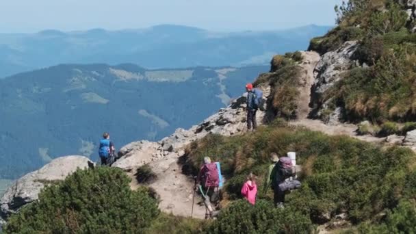 バックパック付きの観光客や子供のグループは、山の中の石の歩道に行きます — ストック動画