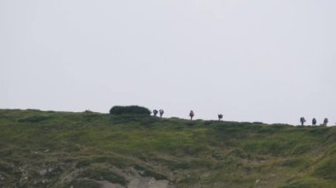 Yürüyüş sırt çantalı bir grup turist dağ sırasına tırmanıyor. Uzaktan Görünüm
