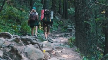 Sırt çantalı bir çift turist dağ ormanındaki taş patikaya tırmanıyor.