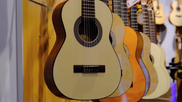 Gitaarwinkel. Veel nieuwe veelkleurige akoestische gitaren hangen in de muziekwinkel — Stockvideo