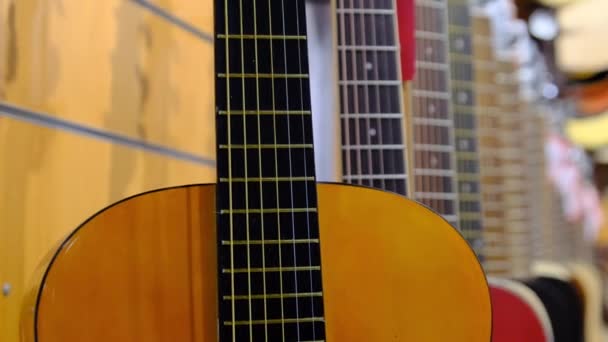 Tienda de Guitarra. Muchas nuevas guitarras acústicas multicolores se cuelgan en la tienda de música — Vídeo de stock