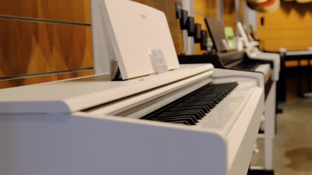 Tienda de música. Muchos pianos y sintetizadores eléctricos Grand se venden en la ventana de la tienda — Vídeos de Stock