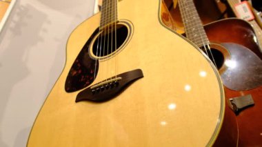 Gitar Dükkanı. Birçok Yeni Renkli Akustik Gitar Müzik Mağazasında Hung