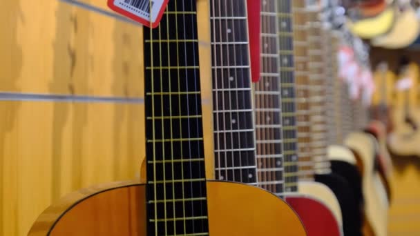 Gitár bolt. Sok új sokszínű akusztikus gitárt akasztanak fel a Music Store-ban. — Stock videók