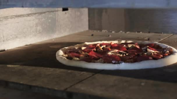 Közelkép arról, hogy pizzát főznek egy éttermi kemencében. Étvágygerjesztő nyers pizza tészta — Stock videók