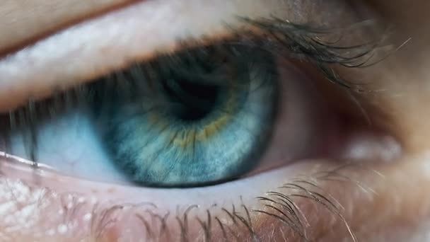 Hermoso Ojo de Mujer Azul, Primer plano extremo. Mirada. Vista detallada del ojo de las niñas jóvenes — Vídeo de stock