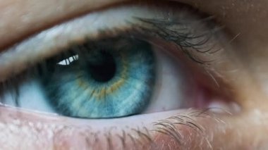 Güzel Mavi Kadın Gözü, aşırı yakın plan. Görüş. Ayrıntılı Görünüm Genç Kız Gözü