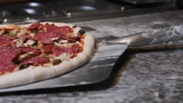 Chef verwendet Spachtel, um fertigen Pizzateig zum Backen aufzuheben. Zeitlupe — Stockvideo