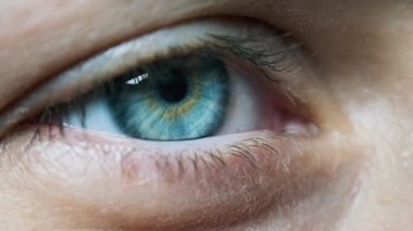 Güzel Mavi Kadın Gözü, aşırı yakın plan. Görüş. Ayrıntılı Görünüm Genç Kız Gözü