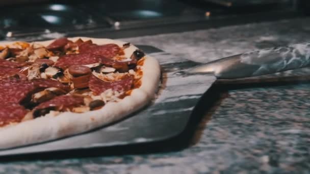 Şef, pişmiş pizzayı almak için bir Spatula kullanıyor. Yavaş Hareket — Stok video