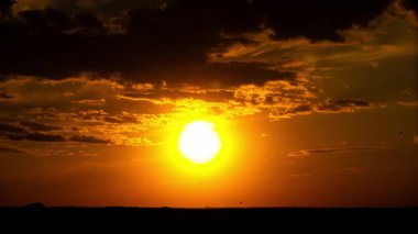 Zaman çizelgesi, karanlık ve dramatik bulutların arasından süzülen parlak bir güneşin siluetli ufukta belirdiğini gösteriyor. Alevli turuncu gökyüzünde bir kuş sürüsü görülebilir alacakaranlıkta ışık sönerken.