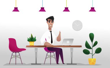 Genç mutlu ofis çalışanı. Hafif bir arka plan üzerinde mobilya ve ofis dekorasyonu izole parçaları. Çizgi film tarzı karakteri