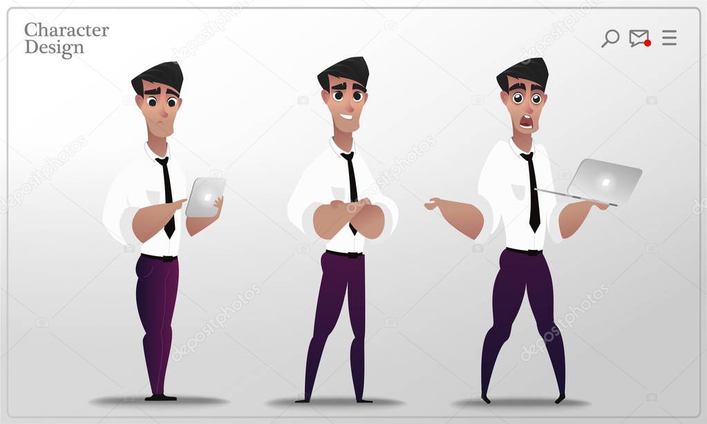 Emotions business person. Businessman expresses feelings. Young man holding gadgets, computer, tablet. Office worker solves problems