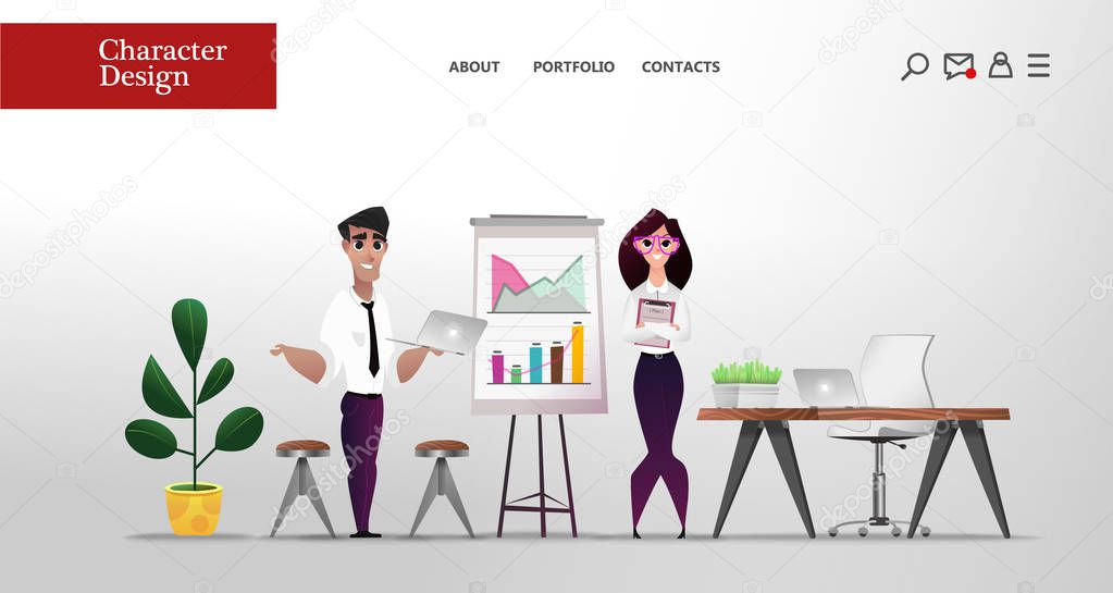 Business teamwork concept banner with graphs . Cartoon man and women making presentation on conference. Main Page Web Design with Business Cartoon Characters in Flat Style