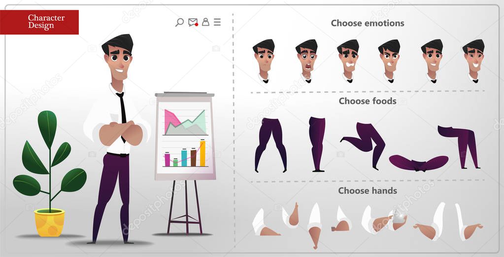Business Cartoon Characters and Main page web design. Young indian man character for your print, web and motion design. A set of hand gestures and emotions on the face for animation. Flat design