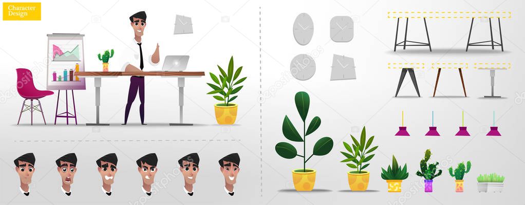 Stylized cartoon characters set for animation. Some parts of the body in the interior of the office on white background. Isolated objects