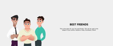 Best Friends concept. Three best friends, small company, cohesive team. Use in a web project, applications, website design, social networks. Flat cartoon style vector illustration clipart