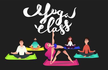 Yoga sınıf yazı ve çizgi film karakterleri. Çizgi film karakterleri halklar Yoga poz. Kavramı pratik yoga.