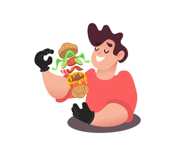 Мужчина Ест Вкусный Бургер Парень Едой Такое Бургер Гамбургер Рецепт — стоковый вектор