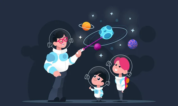 Lärare Och Barn Klädd Astronaut Kostym Skolbarn Planetariet Begreppet Föreläsning — Stock vektor