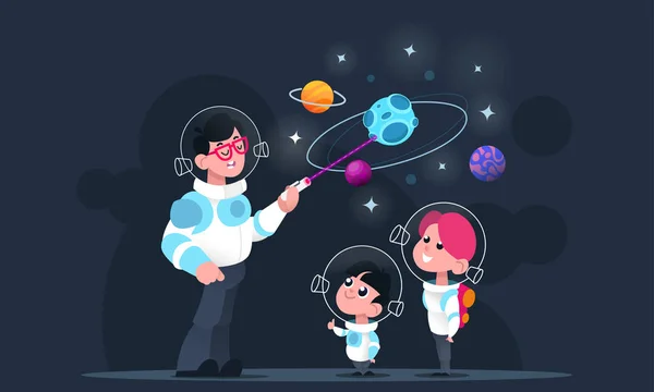 Öğretmen ve çocuk okul planetarium içinde bir astronot kostüm giymiş. Gezegenler hakkında bir teori, uzaya bir gezi kavramı. Çizgi film karakterleri düz bir tarzda. Vektör