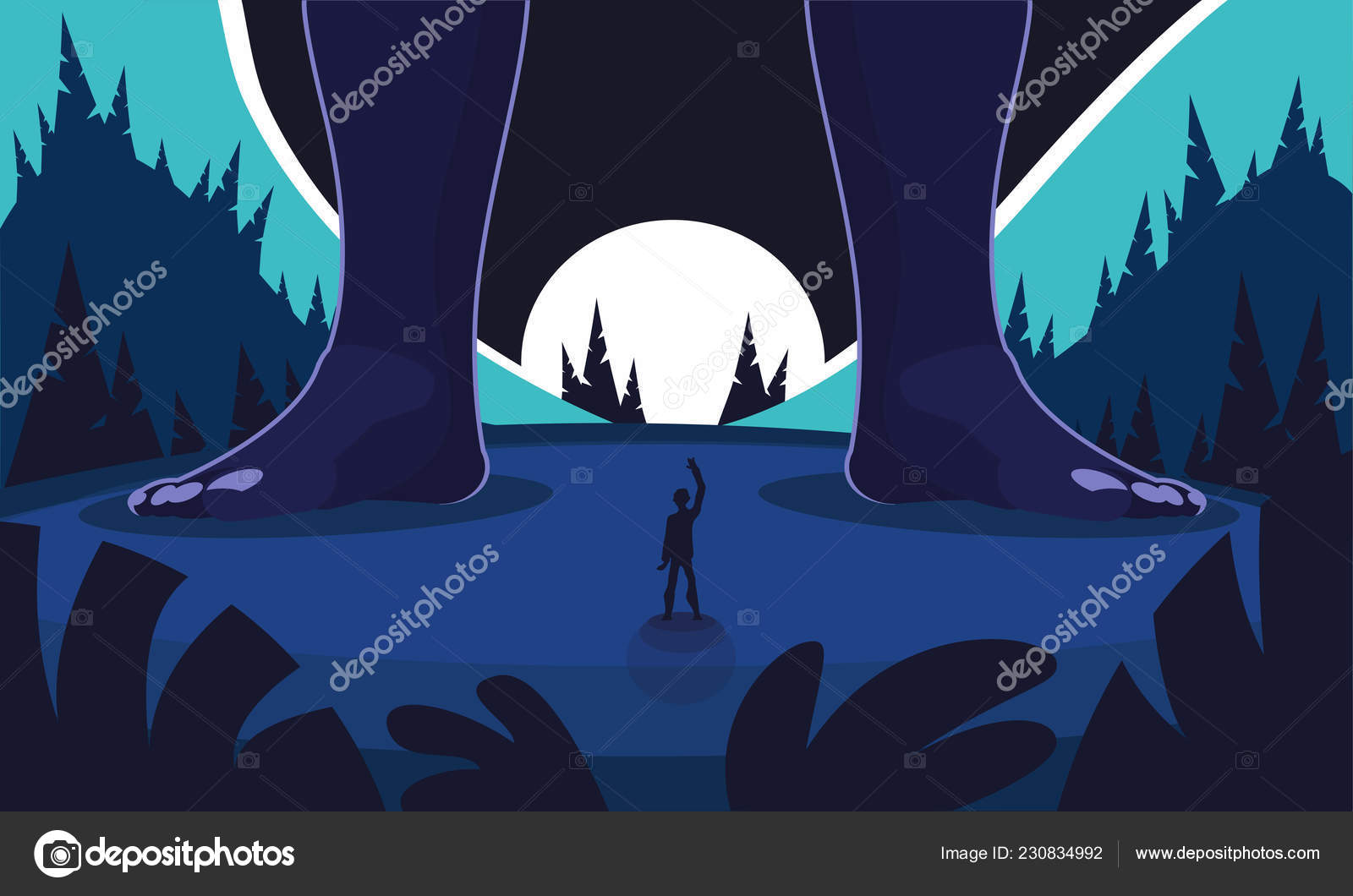 令人难以置信的会议一个普通人和一个巨人在夜山景观的背景下身体里巨人的大腿夜针叶林动画片平的样式例证 令人难以置信的会议一个普通人和一个巨人在夜山景观的背景下身体里巨人的大腿夜针叶林动画片平的样式例证